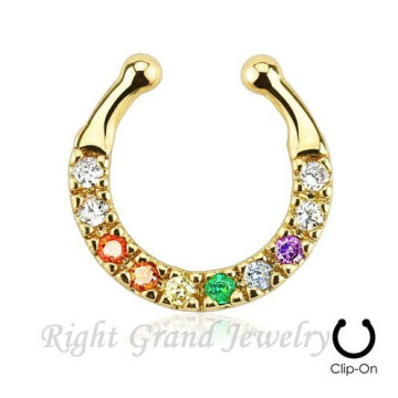 16G Colorful Rhinestone Gold Plated Clip On Fake Piercing Septum